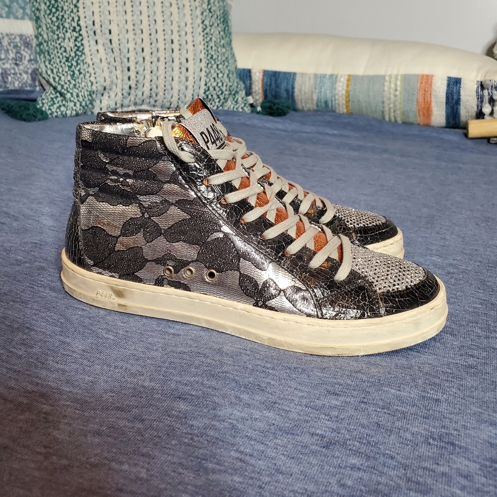 P448 high tops silver sparkles black leather Sneakers Size 38 (7.5)